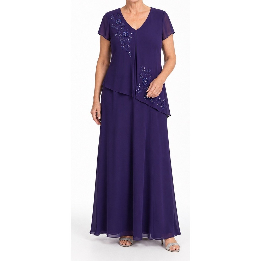 Positive Attitude Purple Dress Long Formal Sheath Beaded Short Sleeve 4 Petite